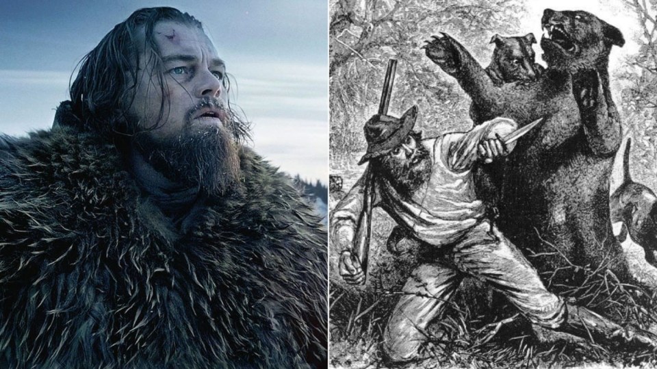 Leonardo DiCaprio jako Hugh Glass a ilustrace pravého Glasse v dobových novinách.